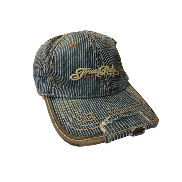 TRUE RELIGION RARE VINTAGE Distressed Embroidered Logo Denim leathe Blue Cap EC - Picture 1 of 8